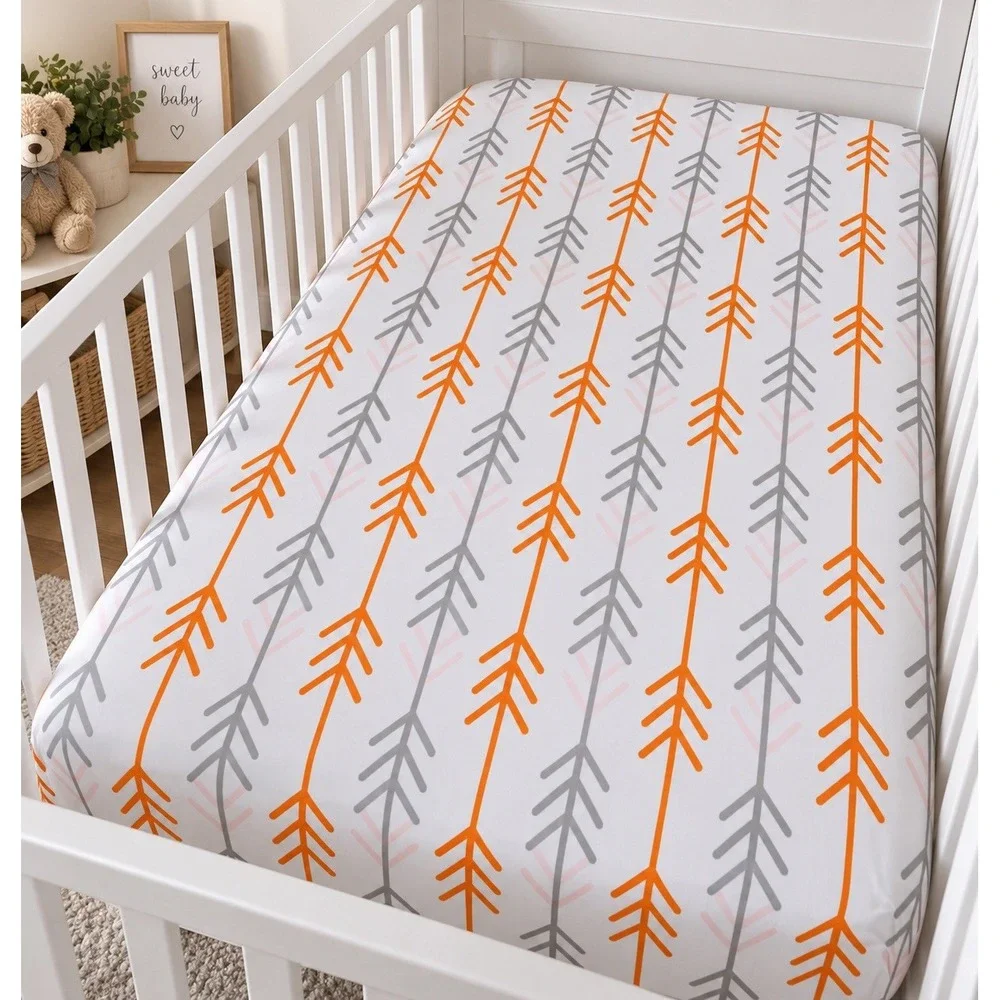 Levtex Baby Crib Fitted Sheet Orange Gray Arrow Print 100% Cotton 28x52